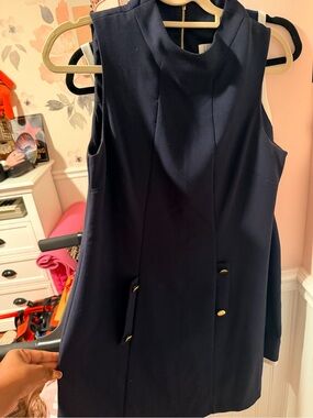 Harper Navy Sleeveless Mini Dress with Gold Button Accents
